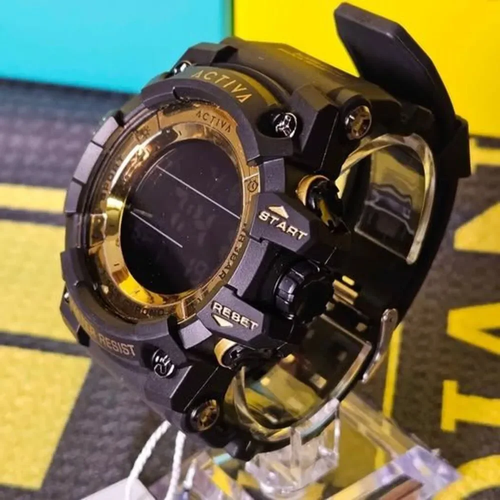 Activa Men’s Digital Sports Watch – Black & Gold / Water Resistant